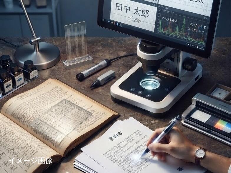 筆跡鑑定のイメージ：顕微鏡で書類の筆跡を分析する様子